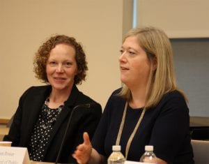 DEP Deputy Commissioner Deborah Mans (left) listens as BPU Chief of Staff Grace Power speaks to businesses at NJBIA's headquarters today.