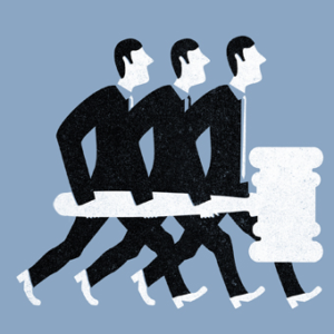 Drawing of three men carrying a large gavel
