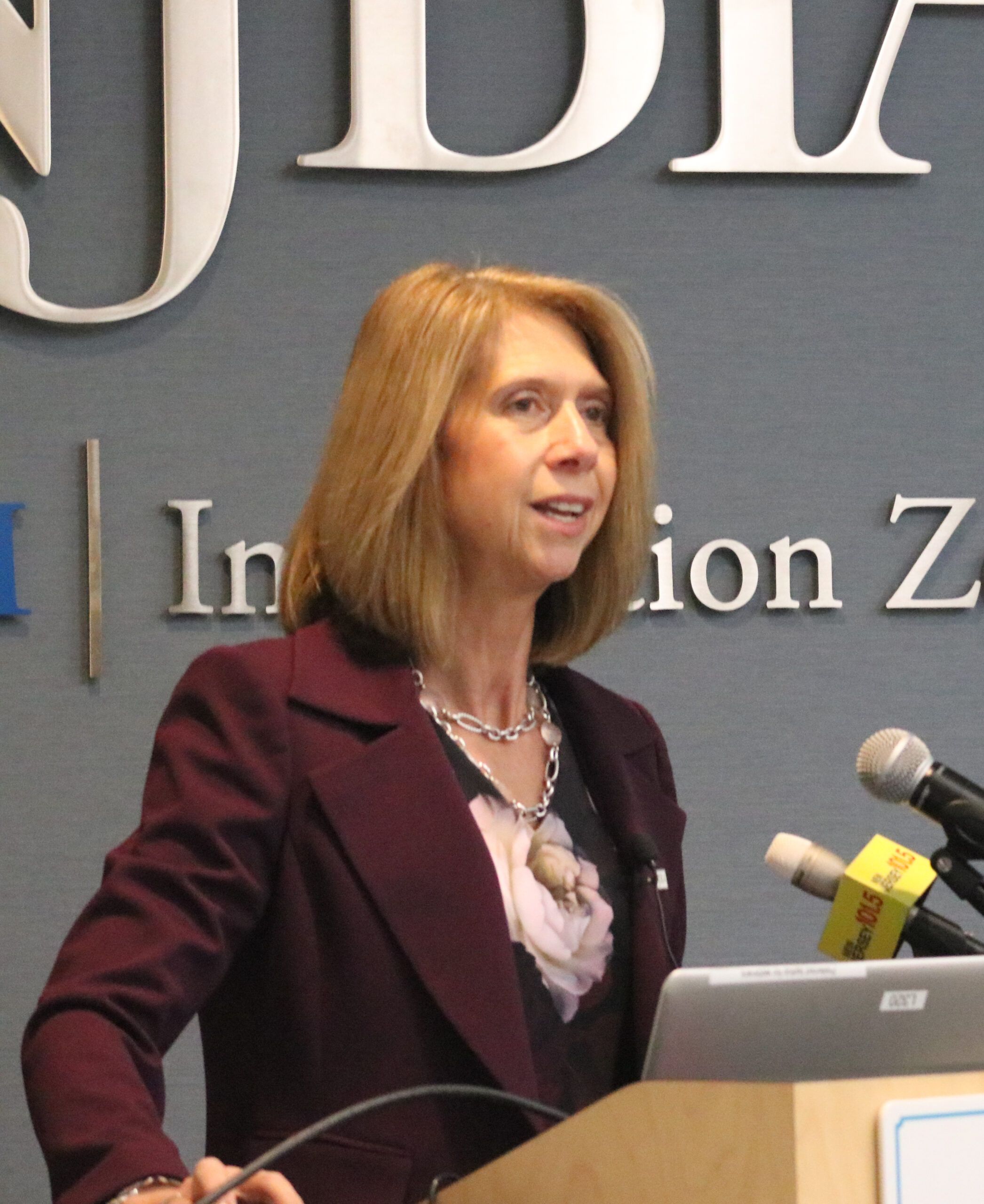 NJBIA President and CEO Michele Siekerka presents the survey results at this morning's press conference