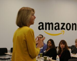 Michele Siekerka addressing employers at Amazon fulfillment center