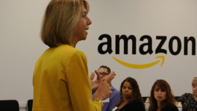 Michele Siekerka addressing employers at Amazon fulfillment center