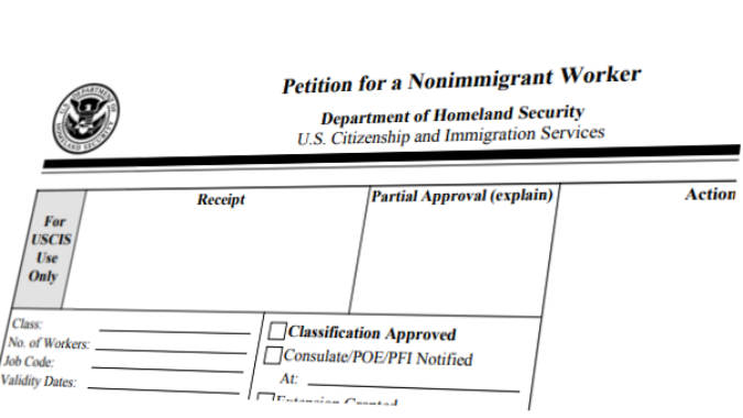 screenshot of an 1-129 form for H-1B visa