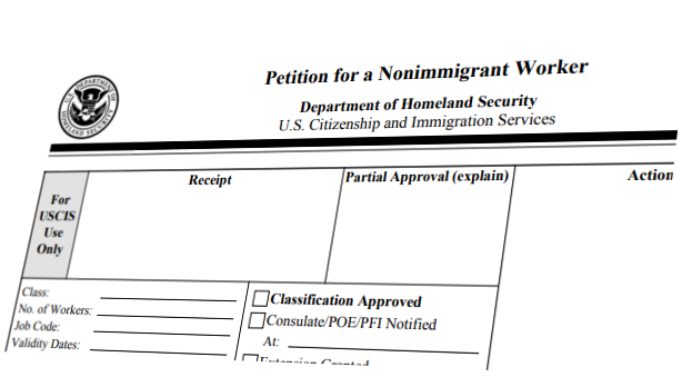 screenshot of an 1-129 form for H-1B visa