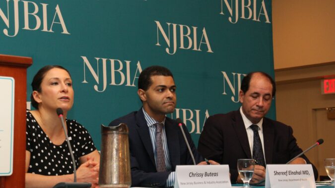 NJBIA's Chrissy Buteas introduces Health Commissioner Dr. Shereef Elnahal (center) and Senator Joe Vitale at the Nov. 7 Healthcare Town Hall