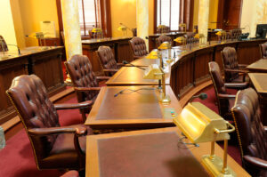 Seats and desks on the floor of the Assembly Chamber after hours...