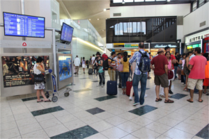 Crowded airport hub at Liberty International Airport