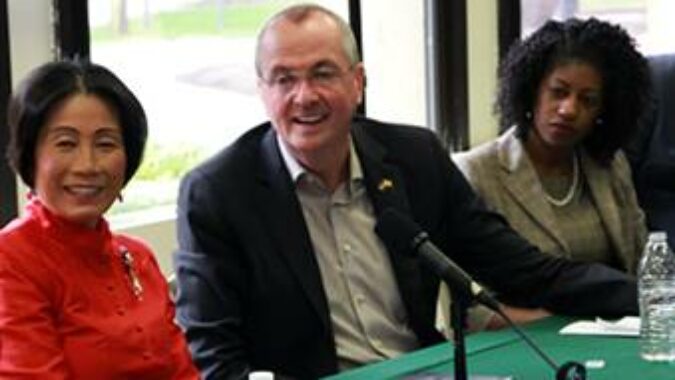 MCCC President Dr. Jianping Wang, New Jersey Gov. Phil Murphy, and NJ Secretary of Higher Education Zakiya Smith Ellis during a roundtable discussion on free community college tuition at MCCC in April.