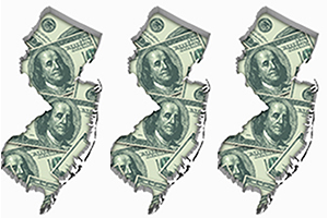 Three silhouettes of New Jersey filled with images of $100 bills