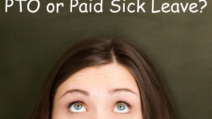 Top half of woman's face with eyes looking up to the question, PTO of paid sick leave?