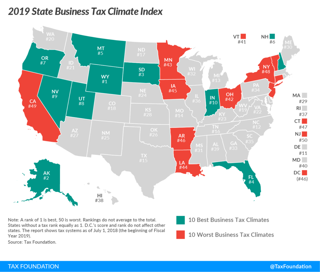 Map of United States with the Tax Foundation ranking of each state