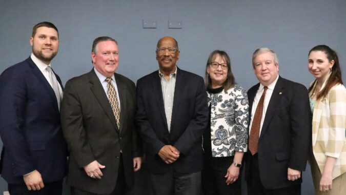 From left to right: NJBIA's Andrew Musick; Jim Venere, of KPMG, LLP; Assemblyman Gordon Johnson; Deborah Bierbaum of AT&T; Michael Eganton and Laura Hahn of the State Chamber of Commerce