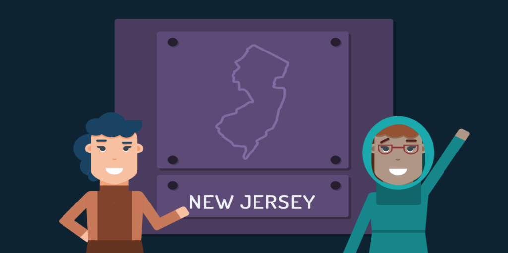 Animation of two teen girls standing in front of an outline of New Jersey 