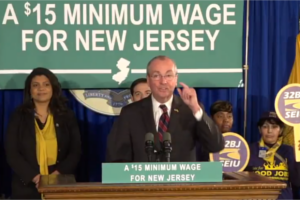 Gov. Phil Murphy at an earlier press conference calling for a $15 minimum wage