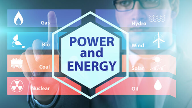 Energy mix concept with businessman pointing to natural gas