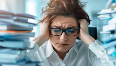 Overwhelmed woman sitting at a cluttered desk filled with stacks of papers, showing signs of stress and frustration in a busy office environment.