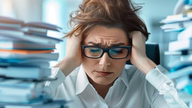 Overwhelmed woman sitting at a cluttered desk filled with stacks of papers, showing signs of stress and frustration in a busy office environment.